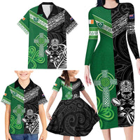 New Zealand And Ireland Rugby Custom Family Matching Long Sleeve Bodycon Dress and Hawaiian Shirt Maori Tiki With Shamrock