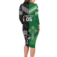 New Zealand And Ireland Rugby Custom Long Sleeve Bodycon Dress Maori Tiki With Shamrock