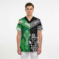 New Zealand And Ireland Rugby Custom Scrub Top Maori Tiki With Shamrock - Polynesian Pride