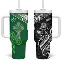 New Zealand And Ireland Rugby Custom Tumbler With Handle Maori Tiki With Shamrock