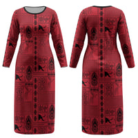 Papua New Guinea Heritage Motif Couples Matching Long Sleeve Bodycon Dress and Long Sleeve Button Shirt Red Version LT05 - Polynesian Pride