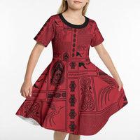 Papua New Guinea Heritage Motif Kid Short Sleeve Dress Red Version LT05 - Polynesian Pride