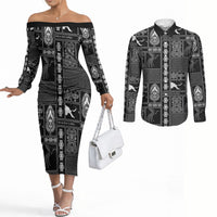 Papua New Guinea Heritage Motif Couples Matching Off The Shoulder Long Sleeve Dress and Long Sleeve Button Shirt Black Version LT05 Black - Polynesian Pride