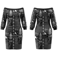 Papua New Guinea Heritage Motif Couples Matching Off The Shoulder Long Sleeve Dress and Long Sleeve Button Shirt Black Version LT05 - Polynesian Pride