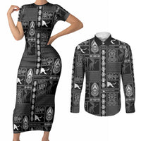Papua New Guinea Heritage Motif Couples Matching Short Sleeve Bodycon Dress and Long Sleeve Button Shirt Black Version LT05 Black - Polynesian Pride