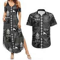 Papua New Guinea Heritage Motif Couples Matching Summer Maxi Dress and Hawaiian Shirt Black Version LT05 Black - Polynesian Pride