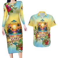 Aloha Hawaii Turtle Couples Matching Long Sleeve Bodycon Dress and Hawaiian Shirt Retro Style LT05 Beige - Polynesian Pride