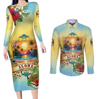 Aloha Hawaii Turtle Couples Matching Long Sleeve Bodycon Dress and Long Sleeve Button Shirt Retro Style LT05 Beige - Polynesian Pride