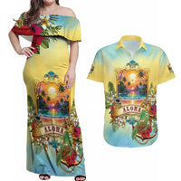 Aloha Hawaii Turtle Couples Matching Off Shoulder Maxi Dress and Hawaiian Shirt Retro Style LT05 Beige - Polynesian Pride