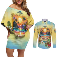 Aloha Hawaii Turtle Couples Matching Off Shoulder Short Dress and Long Sleeve Button Shirt Retro Style LT05 Beige - Polynesian Pride