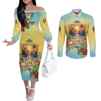 Aloha Hawaii Turtle Couples Matching Off The Shoulder Long Sleeve Dress and Long Sleeve Button Shirt Retro Style LT05 Beige - Polynesian Pride