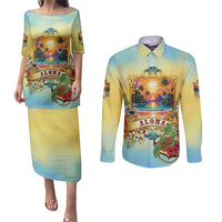 Aloha Hawaii Turtle Couples Matching Puletasi and Long Sleeve Button Shirt Retro Style LT05 Beige - Polynesian Pride