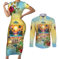 Aloha Hawaii Turtle Couples Matching Short Sleeve Bodycon Dress and Long Sleeve Button Shirt Retro Style LT05 Beige - Polynesian Pride