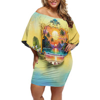Aloha Hawaii Turtle Family Matching Off Shoulder Short Dress and Hawaiian Shirt Retro Style LT05 Mom's Dress Beige - Polynesian Pride