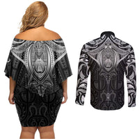 New Zealand Aotearoa Couples Matching Off Shoulder Short Dress and Long Sleeve Button Shirt Maori Manta Ray Moko Black - Polynesian Pride