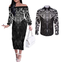New Zealand Aotearoa Couples Matching Off The Shoulder Long Sleeve Dress and Long Sleeve Button Shirt Maori Manta Ray Moko Black - Polynesian Pride