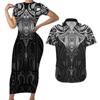 New Zealand Aotearoa Couples Matching Short Sleeve Bodycon Dress and Hawaiian Shirt Maori Manta Ray Moko Black - Polynesian Pride
