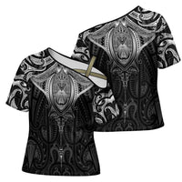 New Zealand Aotearoa Cross Shoulder Shirt Maori Manta Ray Moko Black LT05 - Polynesian Pride