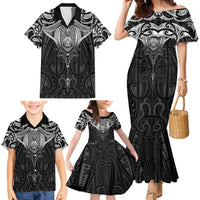 New Zealand Aotearoa Family Matching Mermaid Dress and Hawaiian Shirt Maori Manta Ray Moko Black - Polynesian Pride