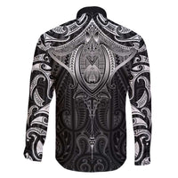 New Zealand Aotearoa Family Matching Off The Shoulder Long Sleeve Dress and Hawaiian Shirt Maori Manta Ray Moko Black - Polynesian Pride
