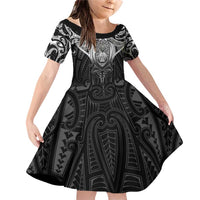 New Zealand Aotearoa Family Matching Off Shoulder Short Dress and Hawaiian Shirt Maori Manta Ray Moko Black - Polynesian Pride