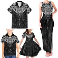 New Zealand Aotearoa Family Matching Tank Maxi Dress and Hawaiian Shirt Maori Manta Ray Moko Black - Polynesian Pride