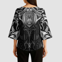New Zealand Aotearoa Kimono Sleeve Blouse Maori Manta Ray Moko Black - Polynesian Pride