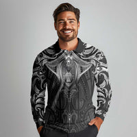 New Zealand Aotearoa Long Sleeve Polo Shirt Maori Manta Ray Moko Black - Polynesian Pride