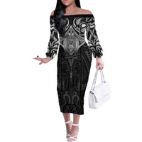 New Zealand Aotearoa Off The Shoulder Long Sleeve Dress Maori Manta Ray Moko Black - Polynesian Pride