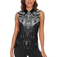 New Zealand Aotearoa Women Sleeveless Polo Shirt Maori Manta Ray Moko Black - Polynesian Pride