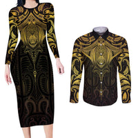 New Zealand Aotearoa Couples Matching Long Sleeve Bodycon Dress and Long Sleeve Button Shirt Maori Manta Ray Moko Gold - Polynesian Pride