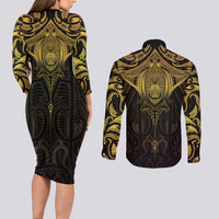 New Zealand Aotearoa Couples Matching Long Sleeve Bodycon Dress and Long Sleeve Button Shirt Maori Manta Ray Moko Gold - Polynesian Pride