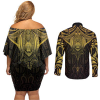 New Zealand Aotearoa Couples Matching Off Shoulder Short Dress and Long Sleeve Button Shirt Maori Manta Ray Moko Gold - Polynesian Pride