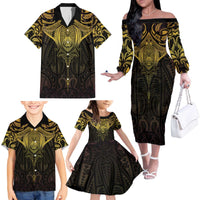 New Zealand Aotearoa Family Matching Off The Shoulder Long Sleeve Dress and Hawaiian Shirt Maori Manta Ray Moko Gold - Polynesian Pride