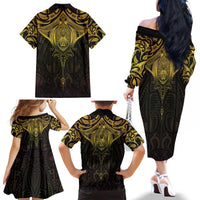 New Zealand Aotearoa Family Matching Off The Shoulder Long Sleeve Dress and Hawaiian Shirt Maori Manta Ray Moko Gold - Polynesian Pride