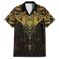 New Zealand Aotearoa Family Matching Off The Shoulder Long Sleeve Dress and Hawaiian Shirt Maori Manta Ray Moko Gold - Polynesian Pride