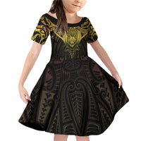 New Zealand Aotearoa Family Matching Off Shoulder Short Dress and Hawaiian Shirt Maori Manta Ray Moko Gold - Polynesian Pride
