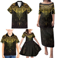 New Zealand Aotearoa Family Matching Puletasi and Hawaiian Shirt Maori Manta Ray Moko Gold - Polynesian Pride