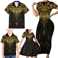 New Zealand Aotearoa Family Matching Short Sleeve Bodycon Dress and Hawaiian Shirt Maori Manta Ray Moko Gold - Polynesian Pride