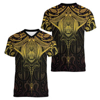 New Zealand Aotearoa Women V-Neck T-Shirt Maori Manta Ray Moko Gold - Polynesian Pride