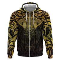 New Zealand Aotearoa Zip Hoodie Maori Manta Ray Moko Gold - Polynesian Pride