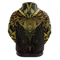 New Zealand Aotearoa Zip Hoodie Maori Manta Ray Moko Gold - Polynesian Pride