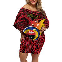 Personalized Papua New Guinea Gulf Province Off Shoulder Short Dress Mix Coat Of Arms Polynesian Pattern LT05 Women Red - Polynesian Pride