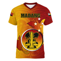 Personalized Papua New Guinea Madang Province Women V Neck T Shirt Mix Coat Of Arms Polynesian Pattern LT05 Female Yellow - Polynesian Pride