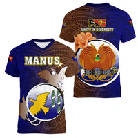 Papua New Guinea Manus Province Women V Neck T Shirt Mix Coat Of Arms Polynesian Pattern LT05 - Polynesian Pride