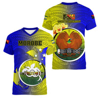 Papua New Guinea Morobe Province Women V Neck T Shirt Mix Coat Of Arms Polynesian Pattern LT05 - Polynesian Pride