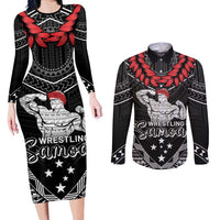 Custom Samoa Wrestling Couples Matching Long Sleeve Bodycon Dress and Long Sleeve Button Shirt Samoan Wrestler Ulafala Style
