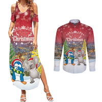 Personalised Christmas In July Couples Matching Summer Maxi Dress and Long Sleeve Button Shirt Funny Dabbing Dance Koala And Blue Penguins LT05 Red - Polynesian Pride