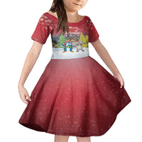 Personalised Christmas In July Family Matching Short Sleeve Bodycon Dress and Hawaiian Shirt Funny Dabbing Dance Koala And Blue Penguins LT05 Daughter's Dress Red - Polynesian Pride