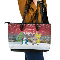 Christmas In July Leather Tote Bag Funny Dabbing Dance Koala And Blue Penguins LT05 - Polynesian Pride